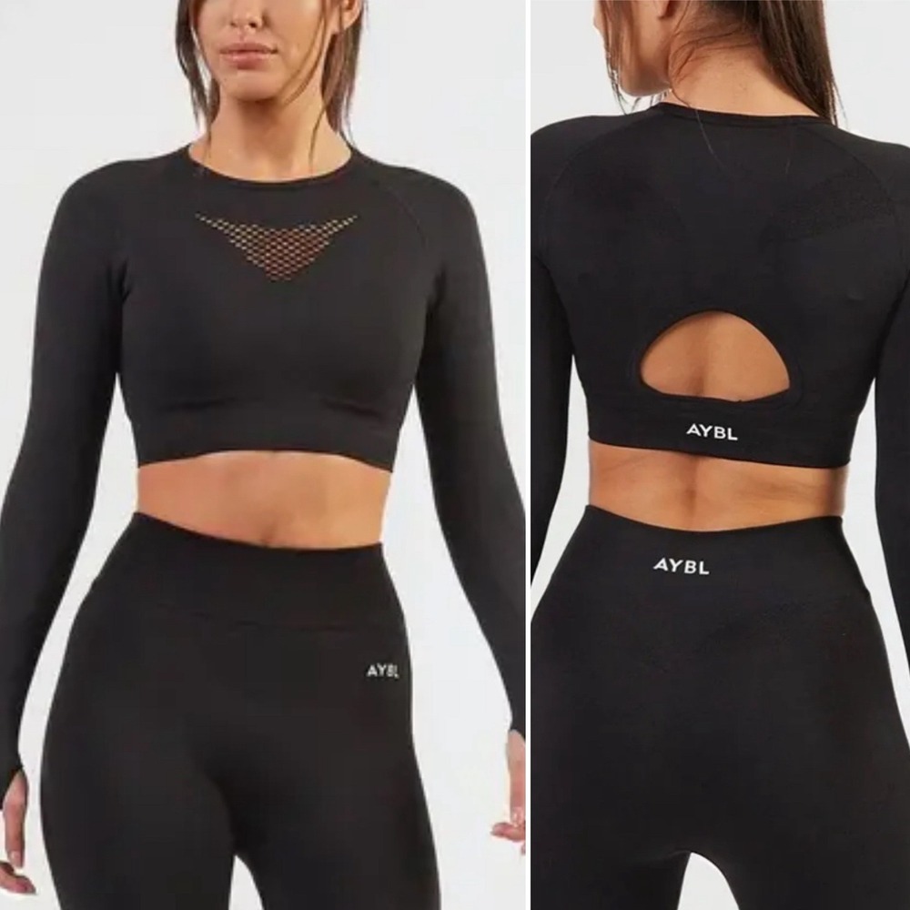 AYBL Black Motion Seamless Cropped Long Sleeve Gym Top Thumbholes Cutout Back S